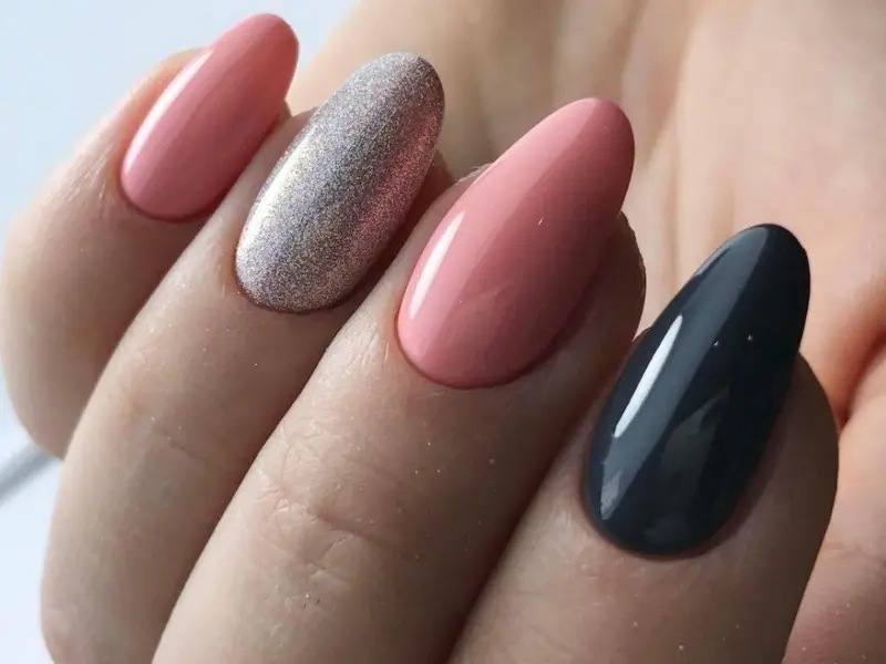 Pink, glitter and charcoal almond gel nails by Beauty by Ana St Albans
